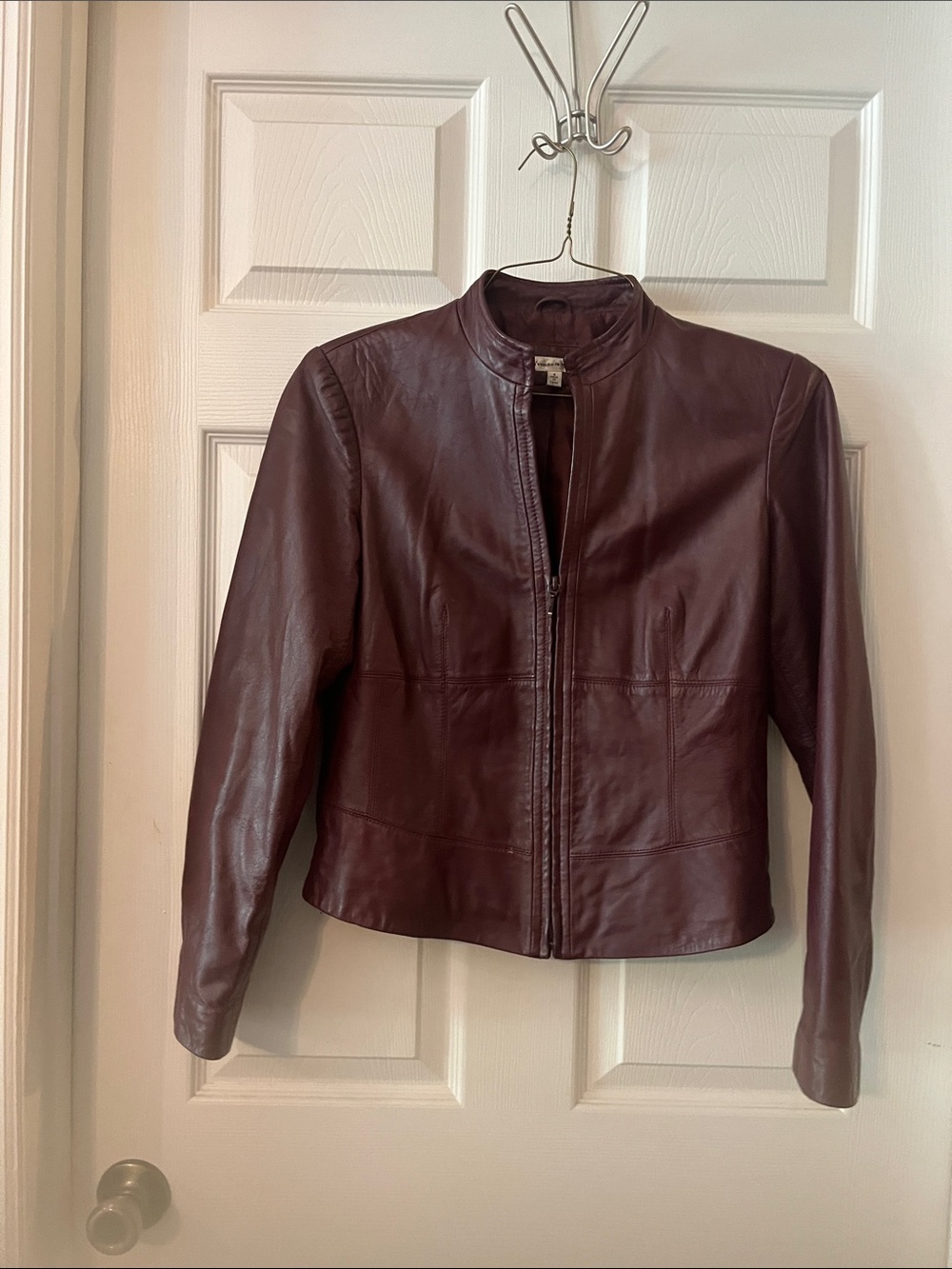 Women's Burgundy Leather Zip Jacket with Stand Collar